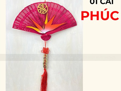 Vòng treo cửa Tết Quạt đỏ hoa Thiên Điểu [Đa dạng chữ - Quạt gỗ] QUAT-08